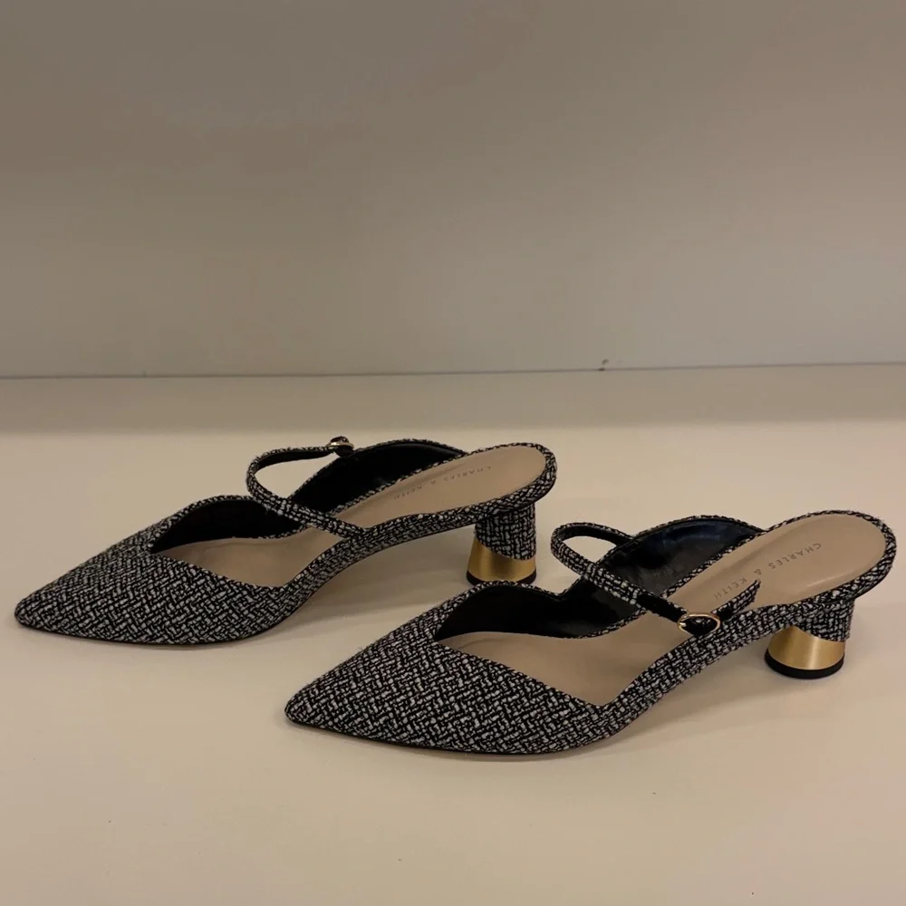 Charles & Keith Black and White Tweed Slingback Heels - Picture 3 of 6